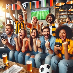 DALL·E 2024-12-17 14.46.49 - A group of happy soccer fans in a modern, vibrant setting, sitting together in a cozy living room or sports bar. They are holding smartphones and acti